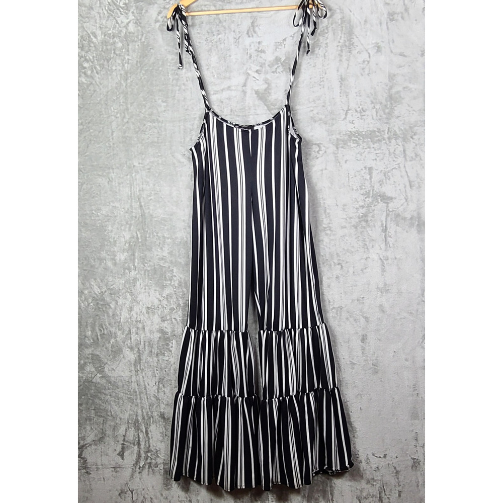 Rainbow Black White Stripe Tie Jumpsuit Tiered Wide Leg Boho Stretchy Size 1X